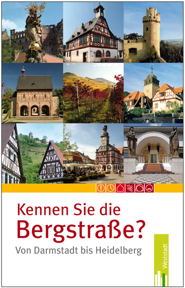 Das Cover des Titels Kennen Sie die Bergstraße? Von Darmstadt bis Heidelberg entspricht dem Reihenlayout der Reihe »Kennen Sie …?« Die oberen Zweidrittel des Covers zeigen neun Abbildungen aus der Region; im unteren Drittel steht der Buchtitel in roter Schrift auf weißem Grund.
